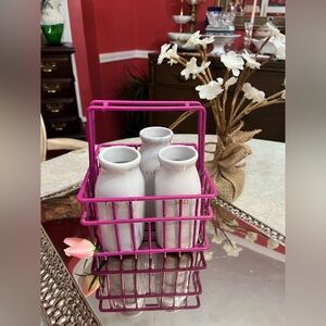 ‘Fun In The Sun’ Milk Bottle Vases, 3 set, w Square Pink Wire Handle Basket